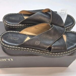 NEW in Box Born "Chart" Handstitched Women's Sz 11 Black Leather Slide Sandals